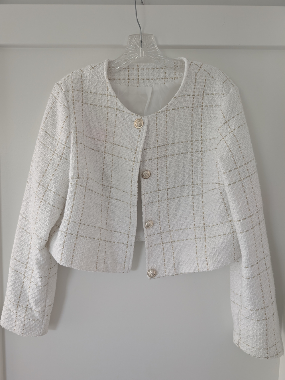 Women’s White Tweed Cropped Jacket with Gold Thread